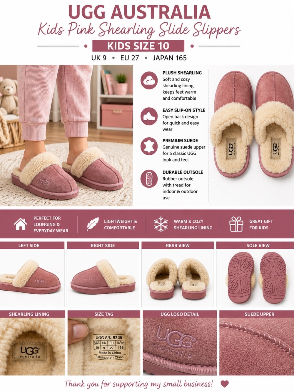 UGG Australia Kids Size 10 Pink Suede Shearling Slide Slippers Shoes